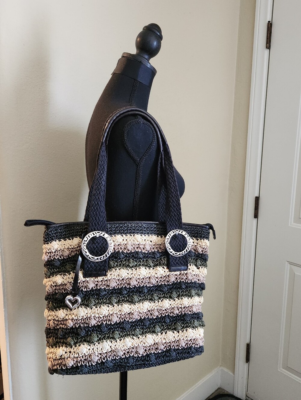 Brighton Striped Crochet Tote Bag in Black, Brown And Green
